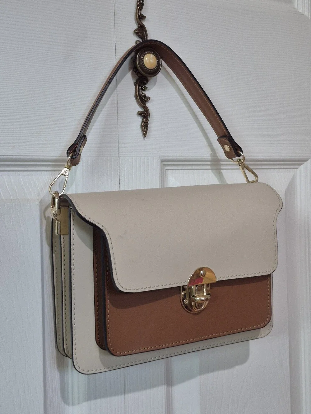 Isadora Italian Leather Satchel With Crossbody Stap Cream And Brown